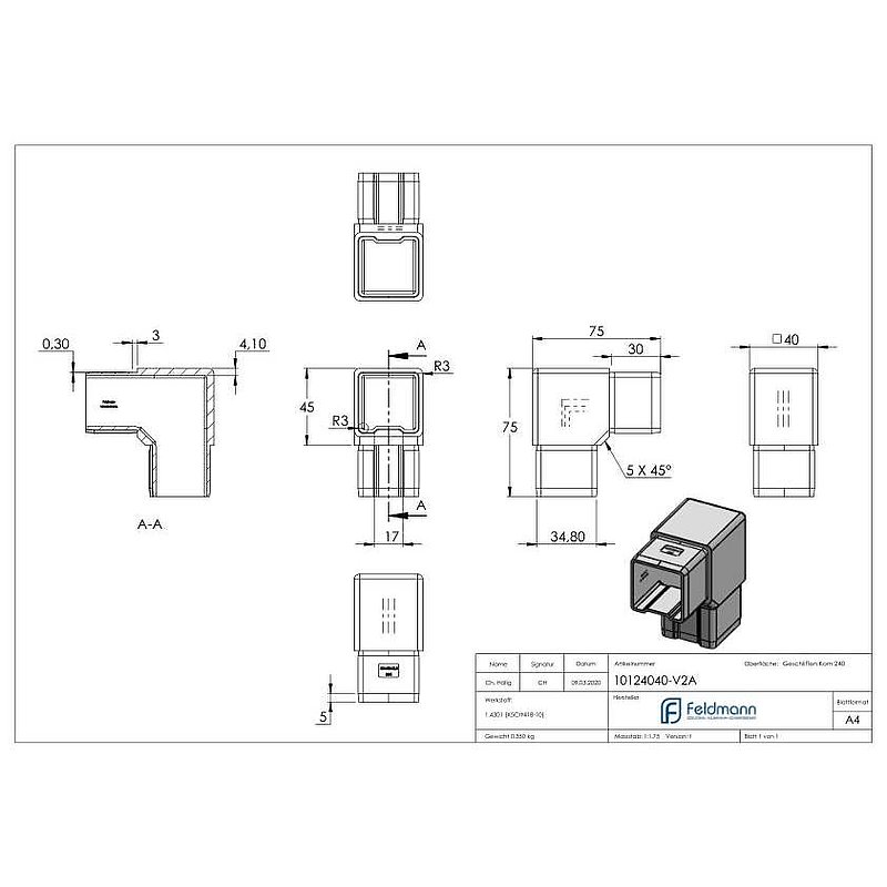 Raccord à 90° pour tube 40x40x2,0mm, V2A