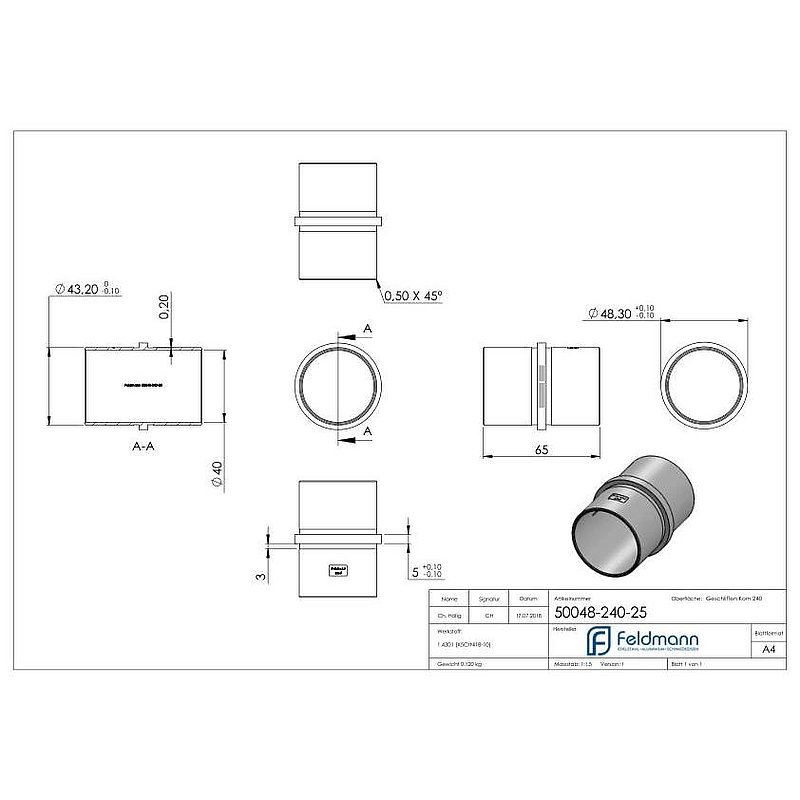 Verbindungsstück für Rohr 48,3x2,5mm, V2A