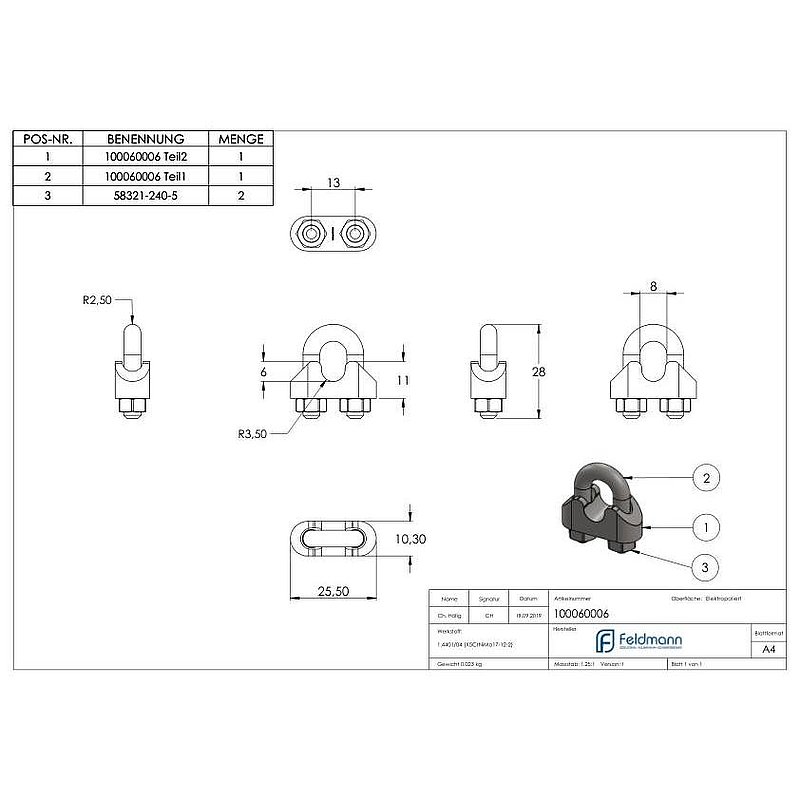wire cable clips for rope 6mm, AISI316