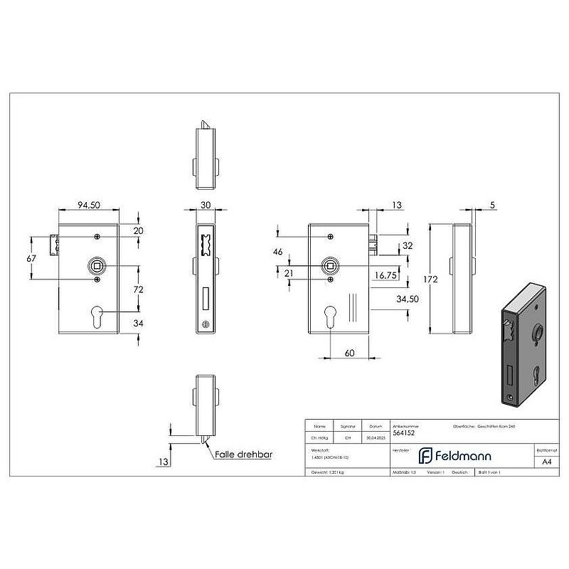 Stainless steel lock case with stainless steel lock, 30x94x172mm