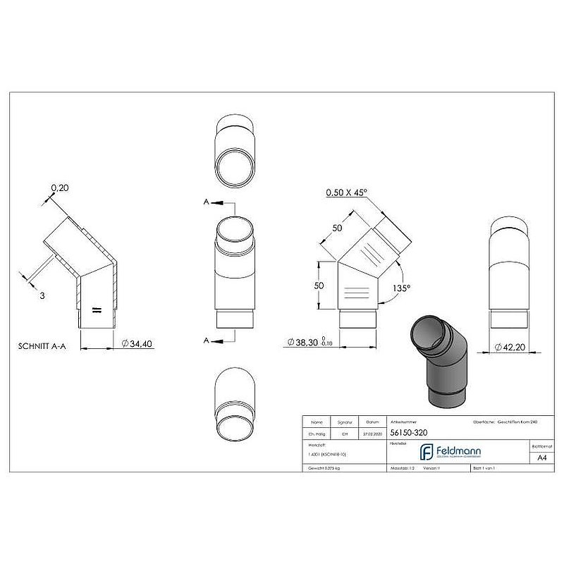 Eckstück 135°, für Rohr 42,4x2,0mm, V2A