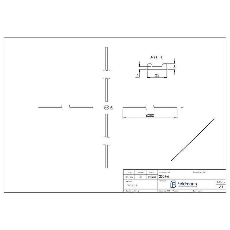 Hespene iron S235JR, 25x8x4mm, L: 6000mm