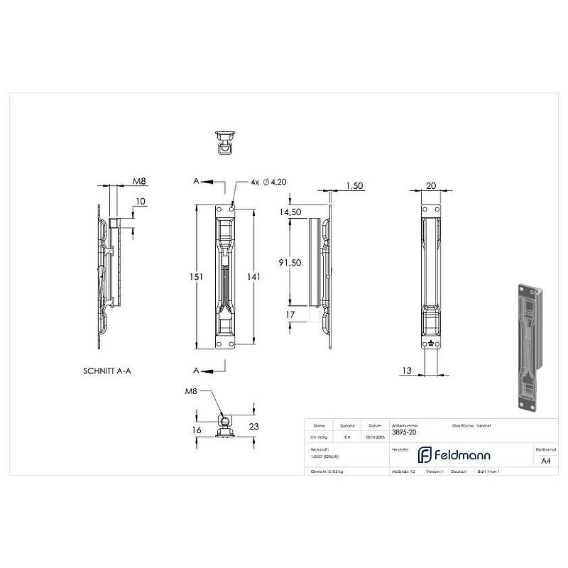 latch bolt with width 20 mm and thread M8, galvanised