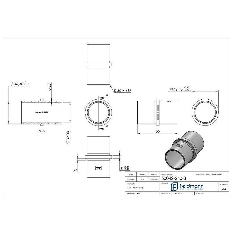 Verbindungsstück für Rohr 42,4x3,0mm, V2A