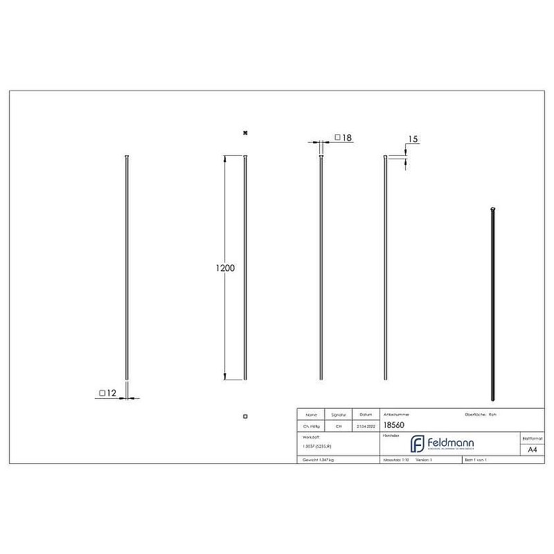 Zaunstab 12x12mm, H: 1200mm, Kopf gestaucht
