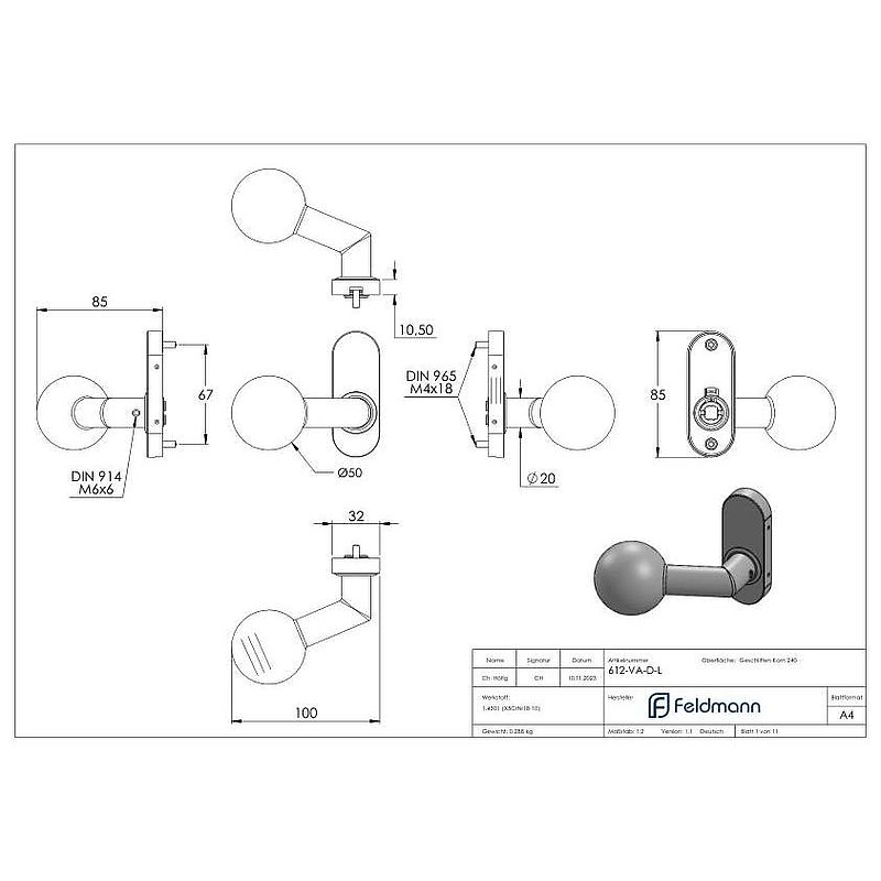 Handle knob, Ø 50mm, rotatable, AISI304