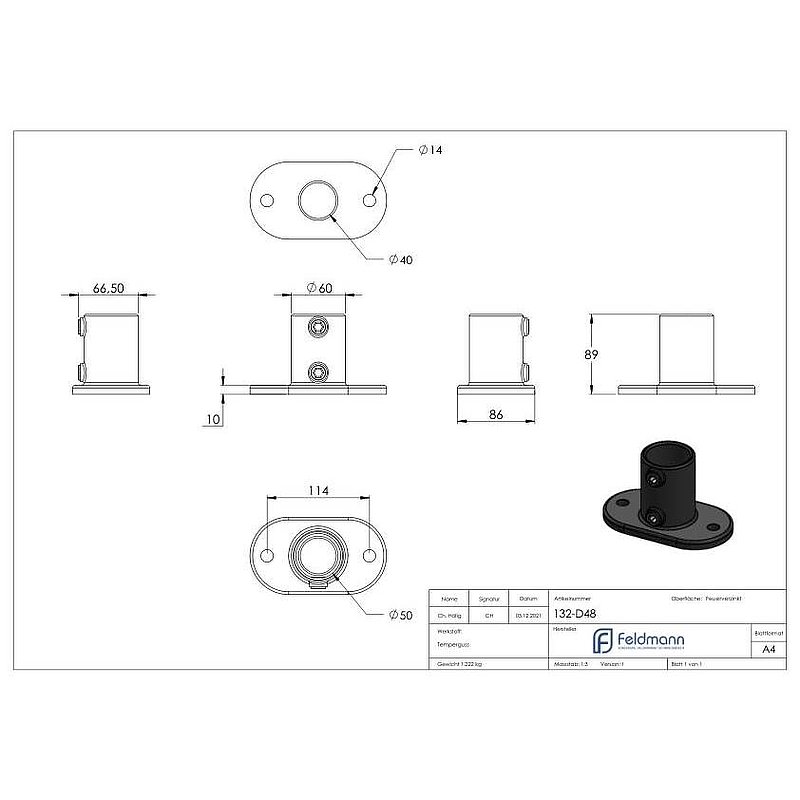 Support mural avec 2 trous de fixation, pour tube Ø 48,3mm