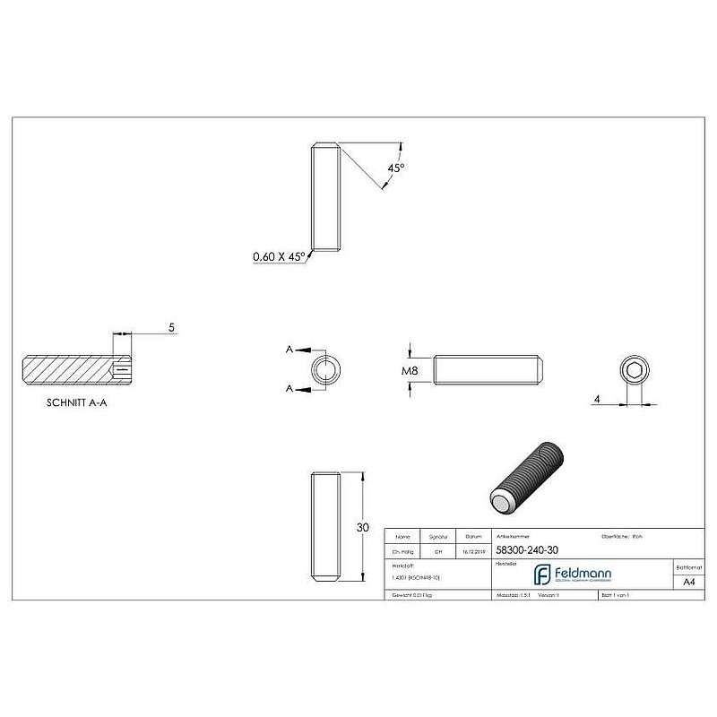 Gewindestift M8x30, V2A, DIN 913 / ISO 4026