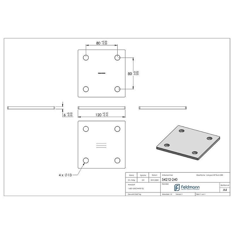 Anchor plate, 120x120x6mm, with longitudinal grinding, AISI304