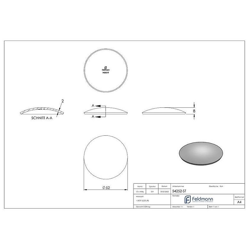 Domed bowl 52x2.0mm, H: 8mm
