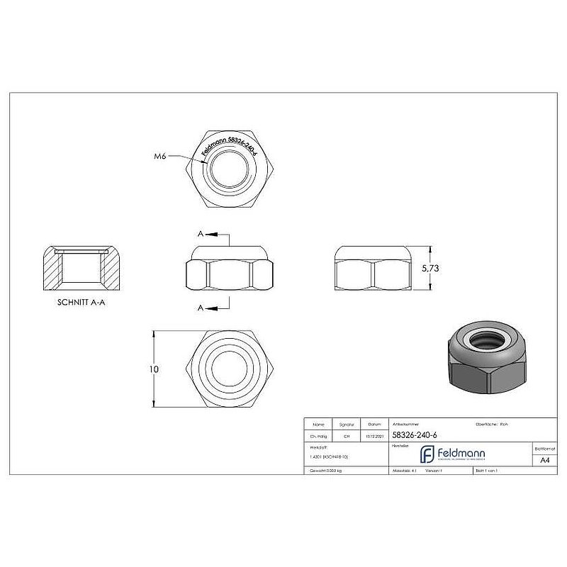 Hexagon nut M6, self-locking, DIN 985, AISI304