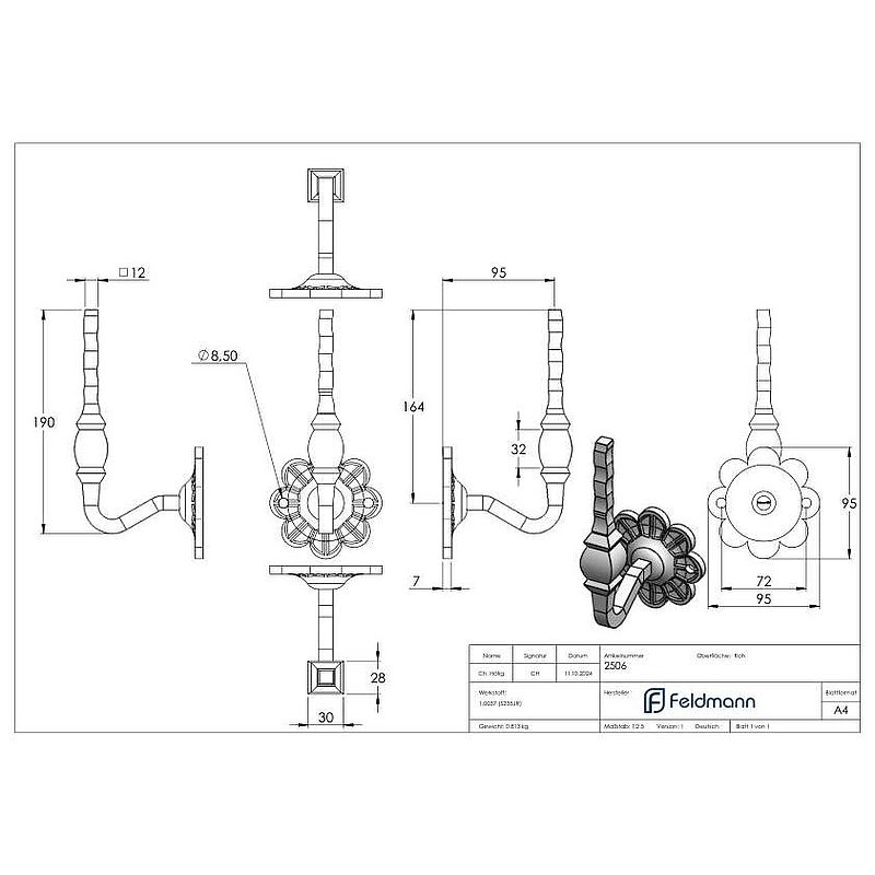 Support de mains courante avec embase ronde Ø93mm, plate
