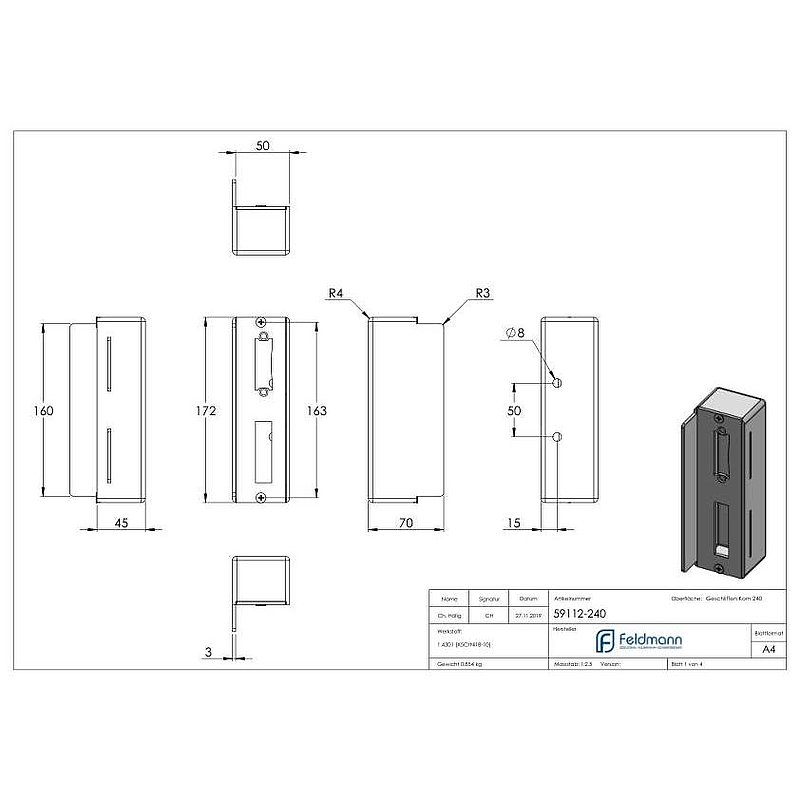 Stainless steel counter case angular, for spacing 72mm, 50mm, AISI304