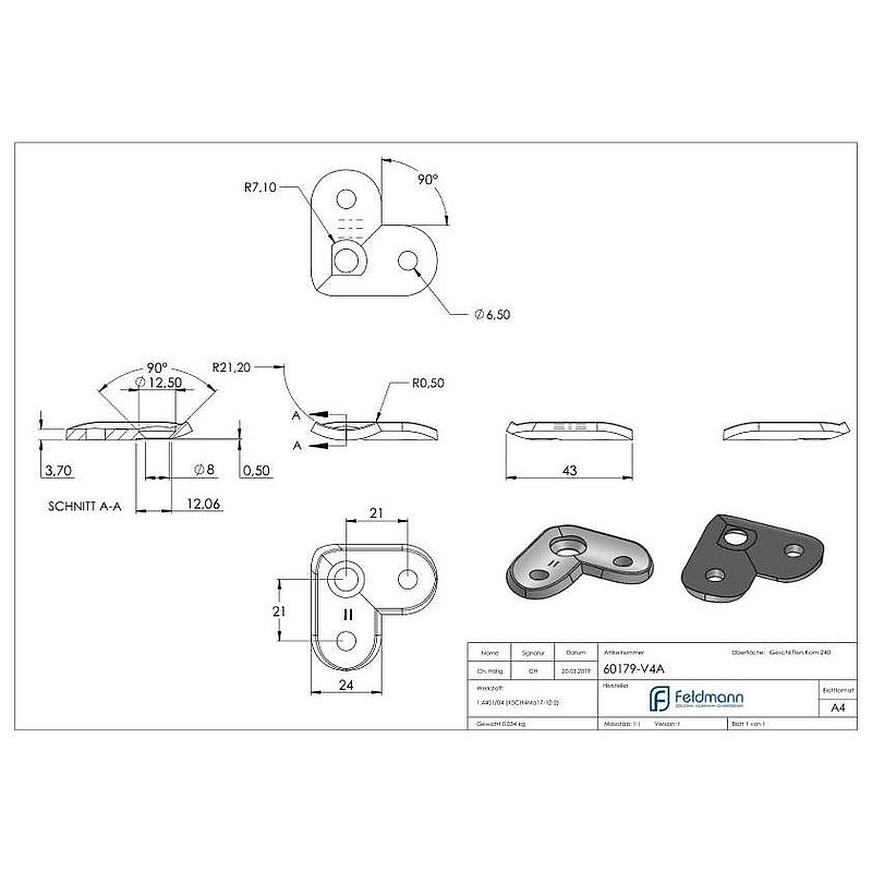 Handlaufanschlussplatte 90°, 42,4mm, V4A