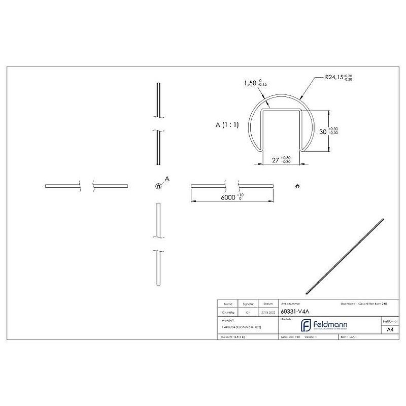 Grooved tube 48.3x1.5 mm, L: 3000 mm, AISI316