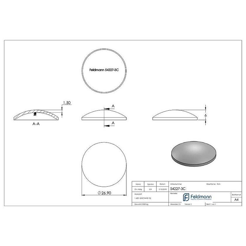Gewölbte Schale Ø 26,9x1,5mm, H: 6mm, roh, V2A