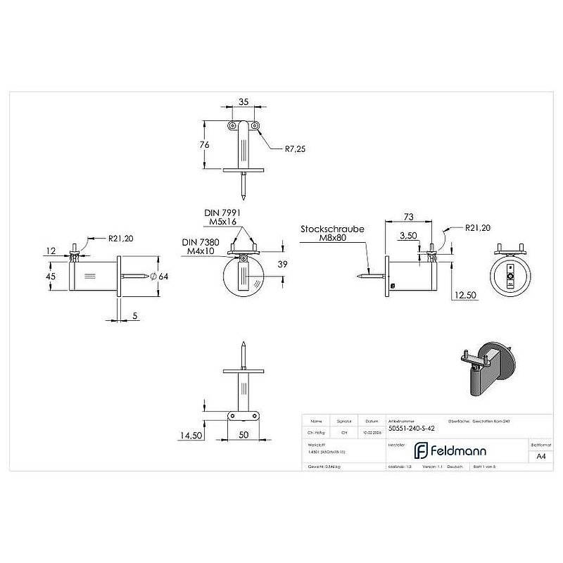 Sensa Design 2, für Rohr 42,4mm, mit Gelenk für Steigung, V2A