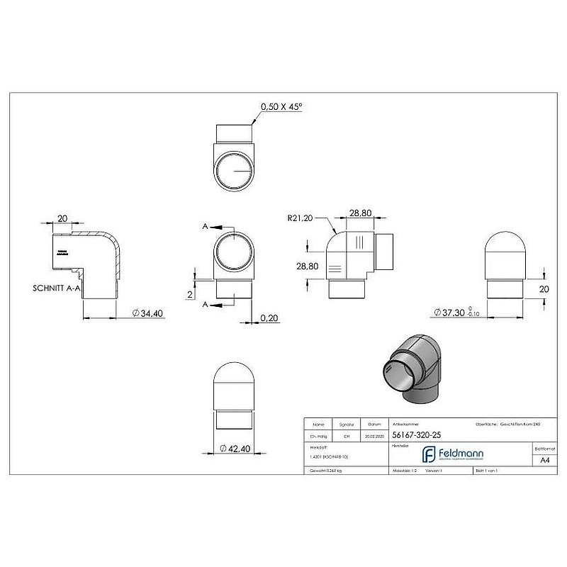 Tube coudé à 90° étroit, pour tube Ø 42,4x2,5mm, V2A