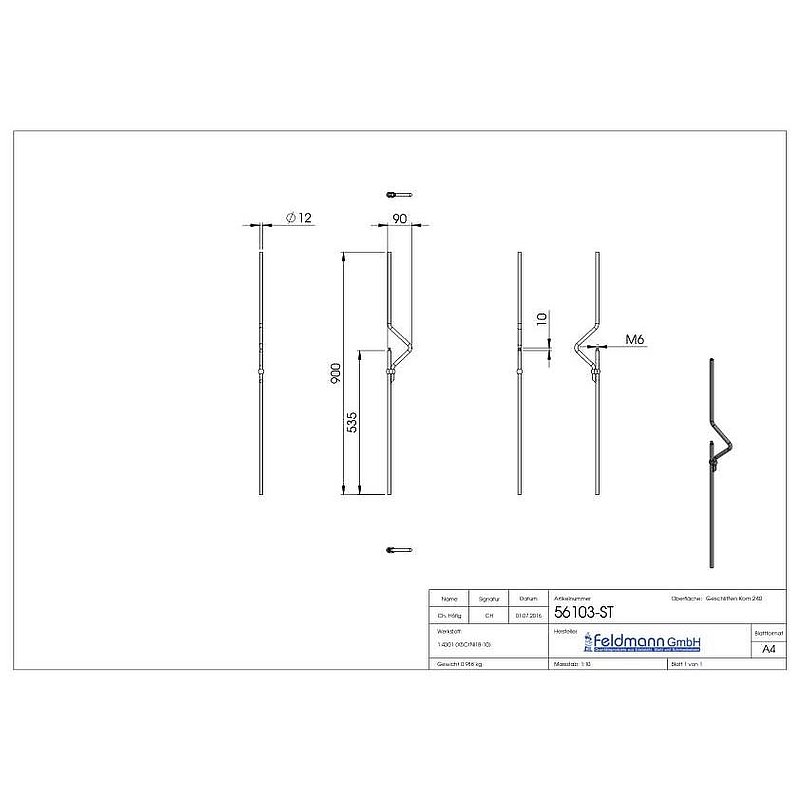 Designstab Ø 12mm, H: 900mm, für 1x Kugel 25mm