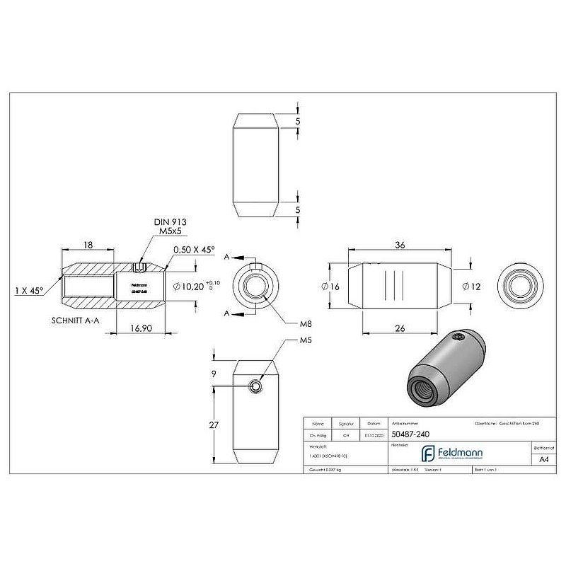 Bar connector Ø16mm with M8 thread and 10mm hole, AISI304
