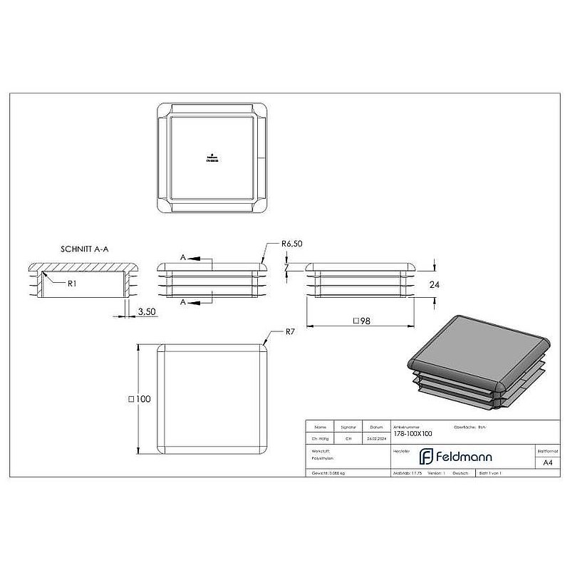 Bouchon plastique pour tube carré 100x100mm