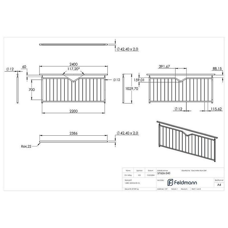 French balcony grille, with V-cutout, W: 2.2m, AISI304