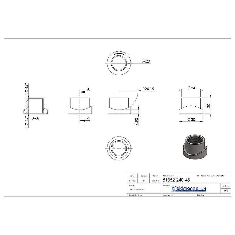 Gewindehülse, passend zu Torband 120-M20-VA, für Rohr 48,3mm, V2A