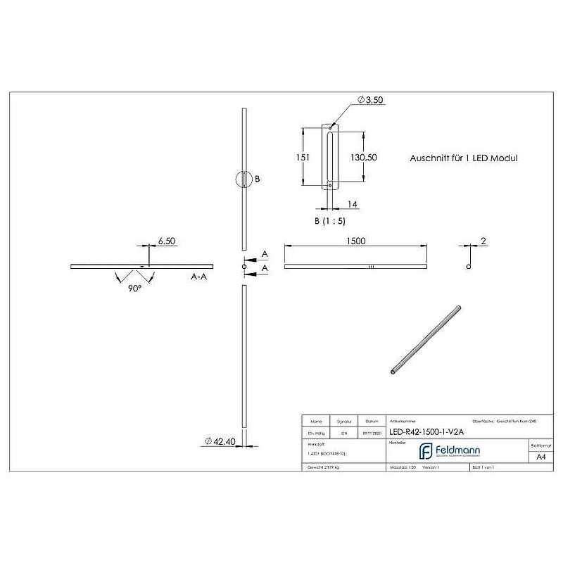 Edelstahlrohr 42,4x2,0mm für LED Module, V2A