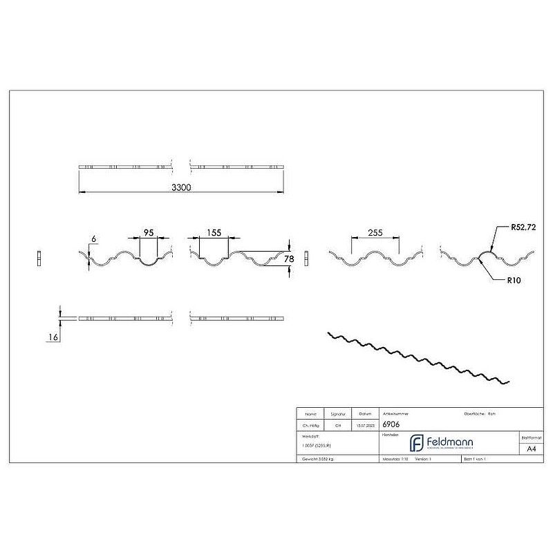 Decorative lattice bar S235JR, 16x6mm, L: 3300mm