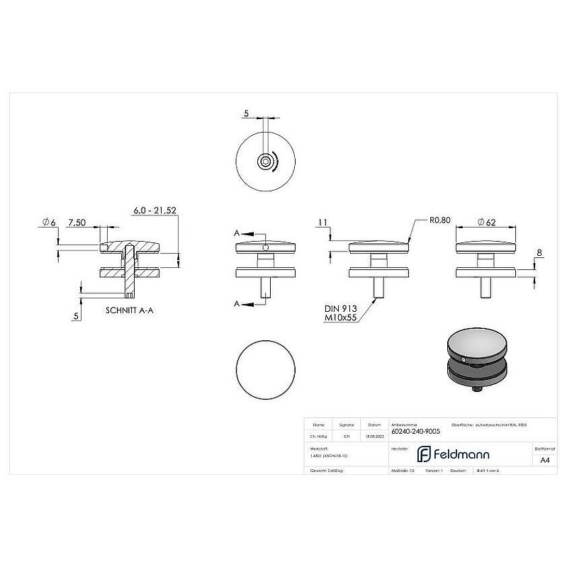 Glaspunkthalter 62mm, Anschluss: flach, V2A, pulverbeschichtet in RAL 9005 schwarz matt