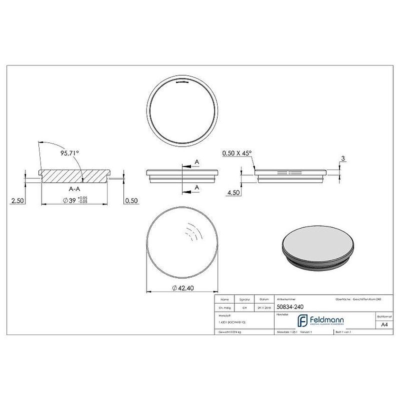 Rohrabschlussstopfen, für Rohr 42,4x2,0mm, V2A