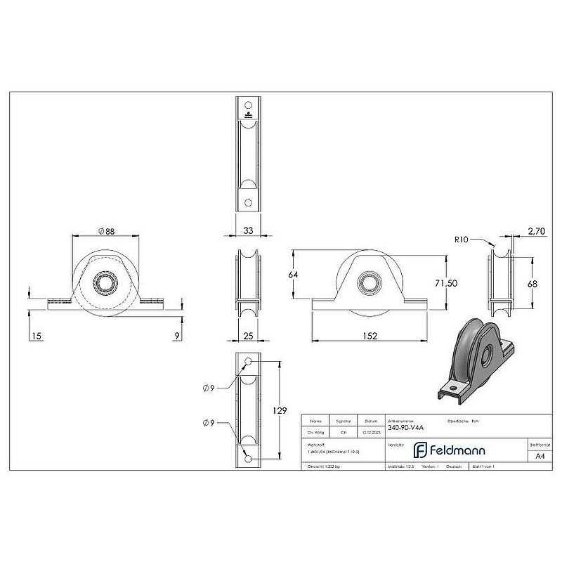 Roulette pour portail coulissant Ø 90 mm avec rainure ronde Ø 20 mm, V4A