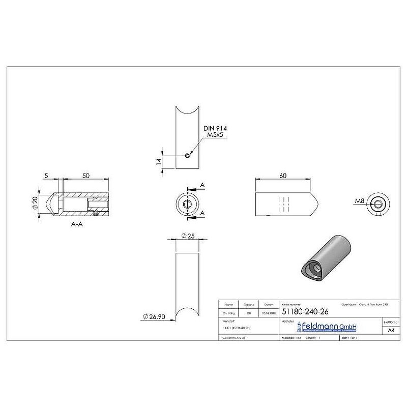 Support de tube - pour raccordement en tube de Ø 26,9mm, V2A