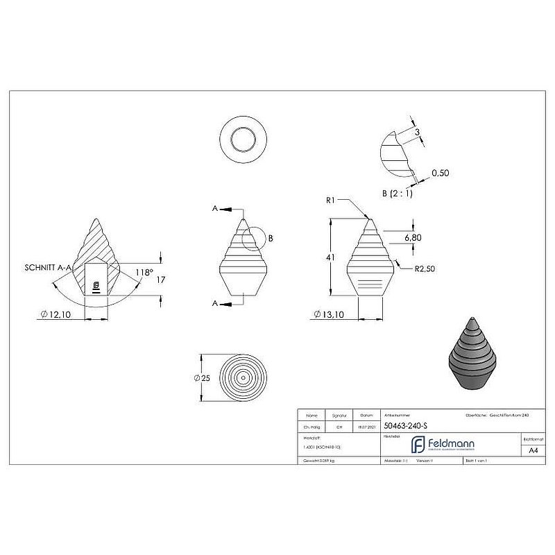 Pointe décorative avec trou de passage Ø 12,2mm, V2A