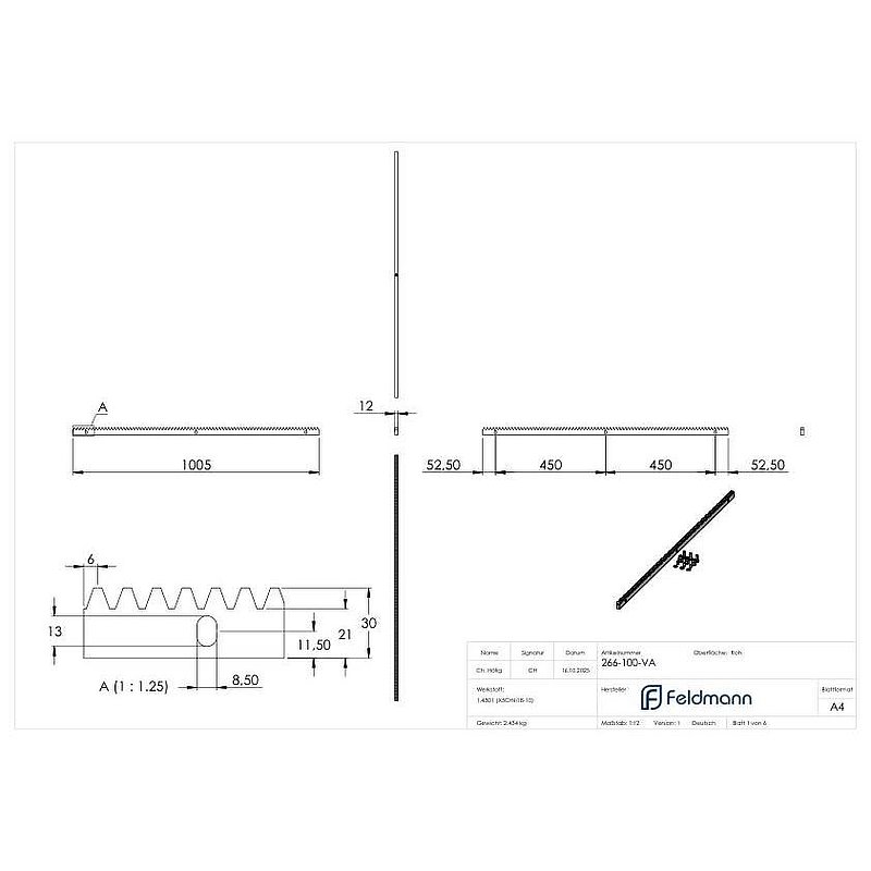 Crémaillère 30 x 12 mm, longueur 1m, matériel de fixation inclus, V2A