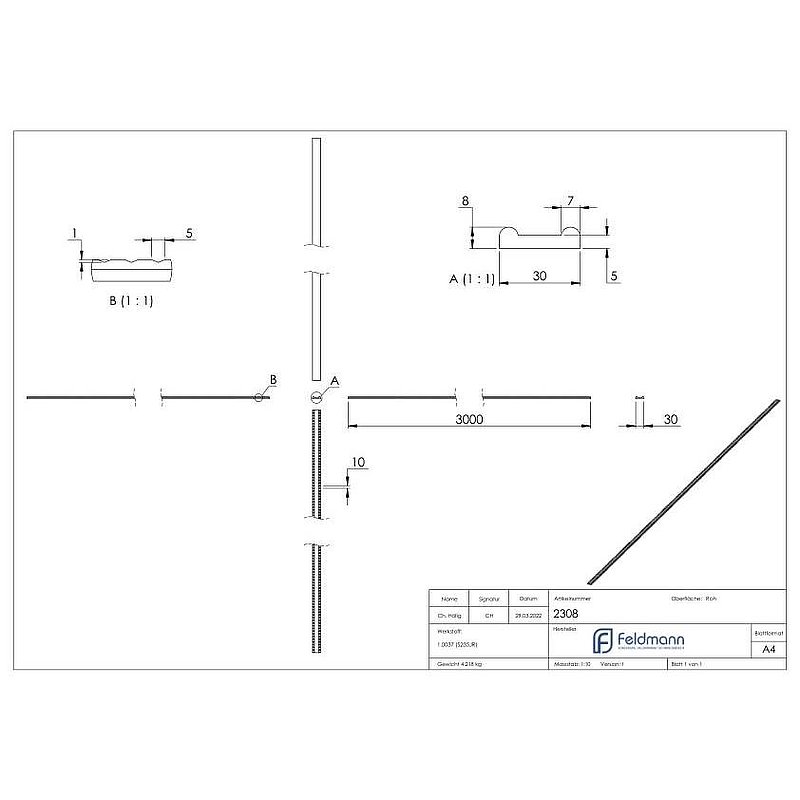 Fer plat rainurée 30x8x4mm, L : 3000mm