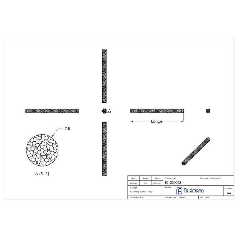Câble acier inoxydable 7x7, Ø 8mm, V4A
