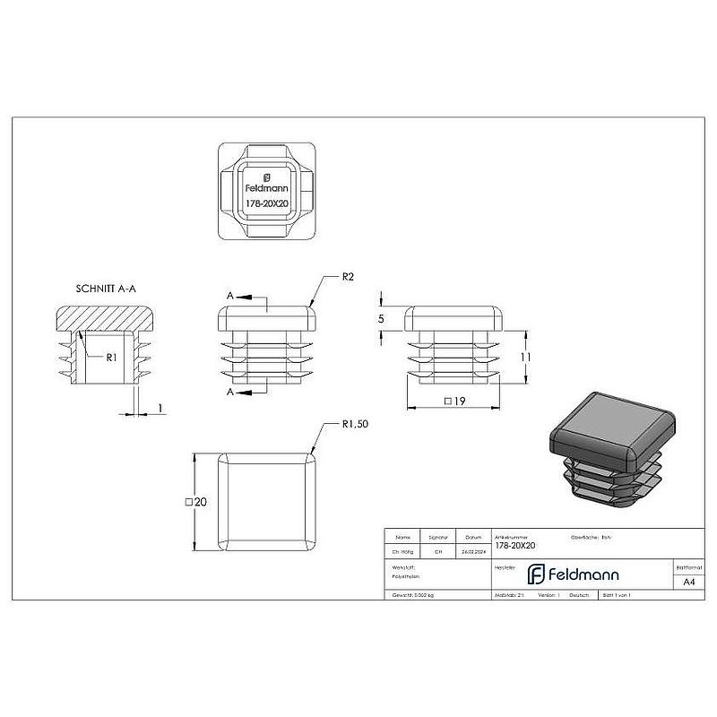 Plastic end cap for square tube 20x20mm