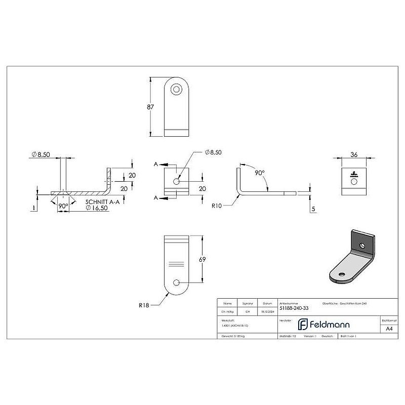 Languette coudée pour poignées de tirage pour tube 33,7mm, V2A