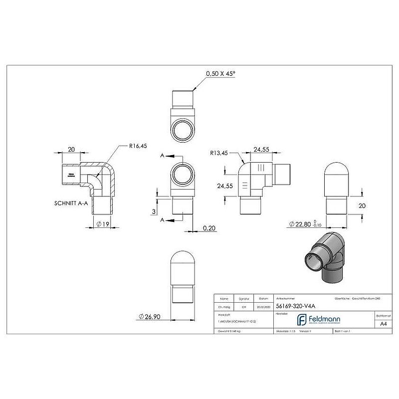 Tube coudé à 90° étroit, pour tube Ø 26,9x2,0mm, V4A