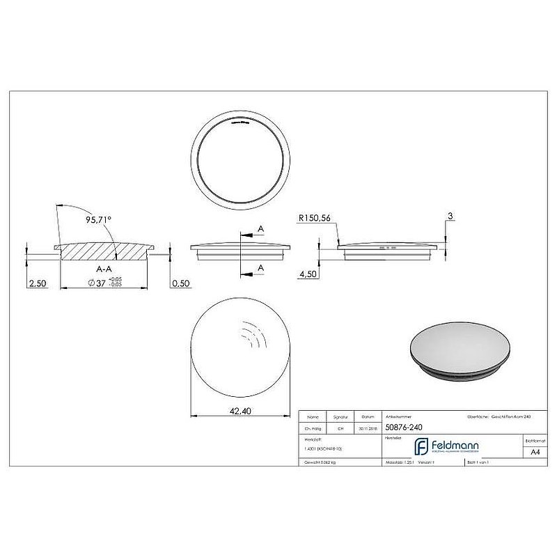 Rohrabschlussstopfen, für Rohr 42,4x3,0mm, V2A
