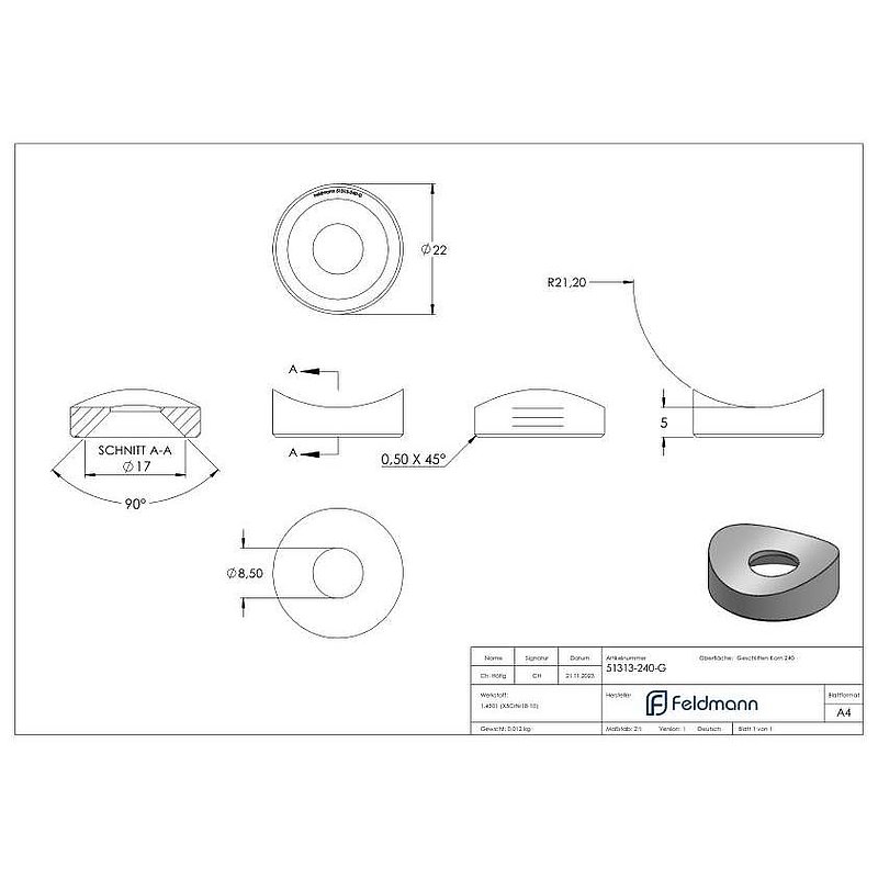 Pièce de compensation (avec trou chanfreiné) pour tube Ø 42,4mm, Ø 22mm, V2A