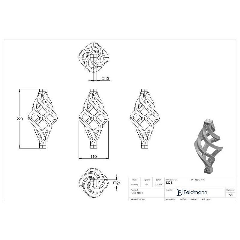 Twirled cone 4x12x12mm, 210x110mm