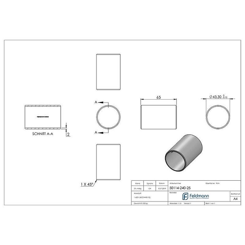 Verbindungsstück für Rohr 48,3x2,5mm, V2A