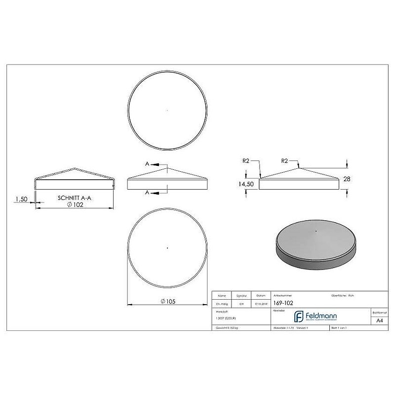 Capuchon pour tube rond Ø102mm