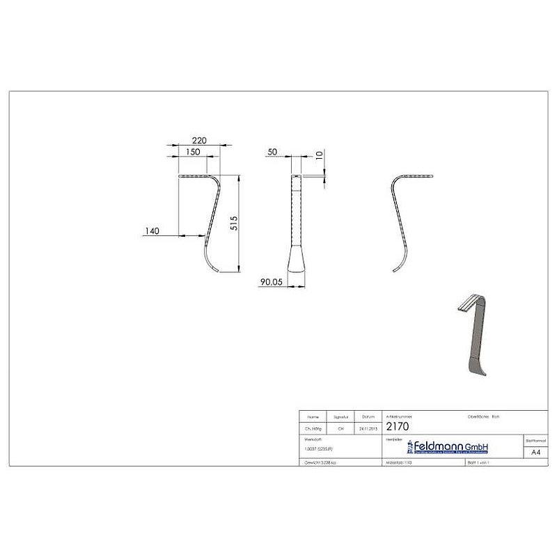 Départ de main-courante S235JR, 50x10mm, incurvée