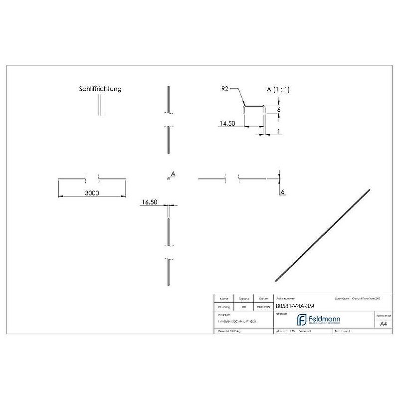 Edge protection EXTRA SLIM, for glass 12.00 - 13.52mm, L: 3000mm, stainless steel AISI316