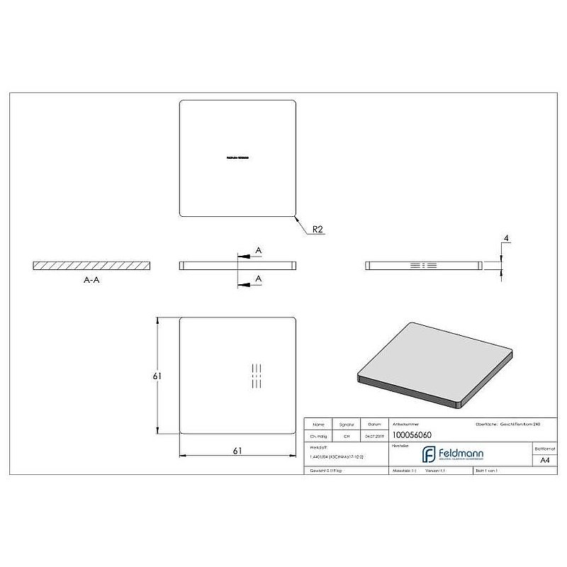 Flachkappe für Quadratrohr 60x60, V4A