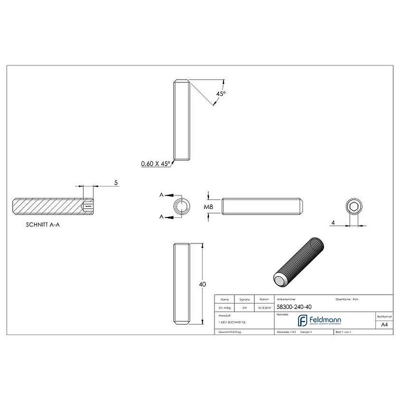 Gewindestift M8x40, V2A, DIN 913 / ISO 4026