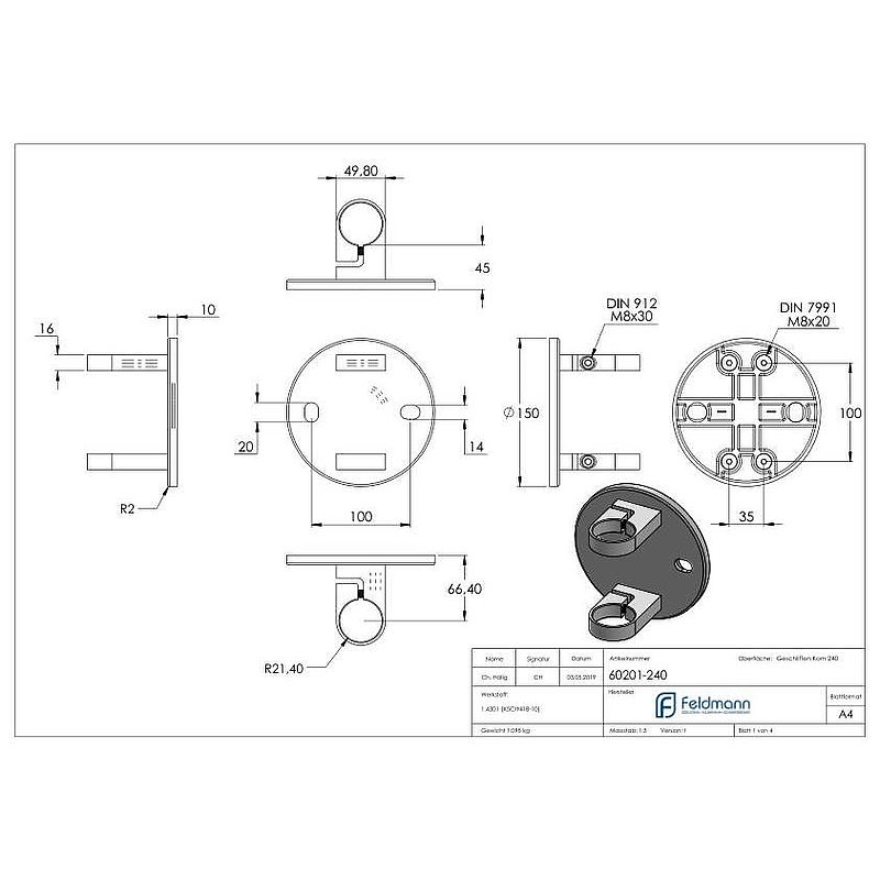Wall mounting for railing posts 42.4 mm, AISI304